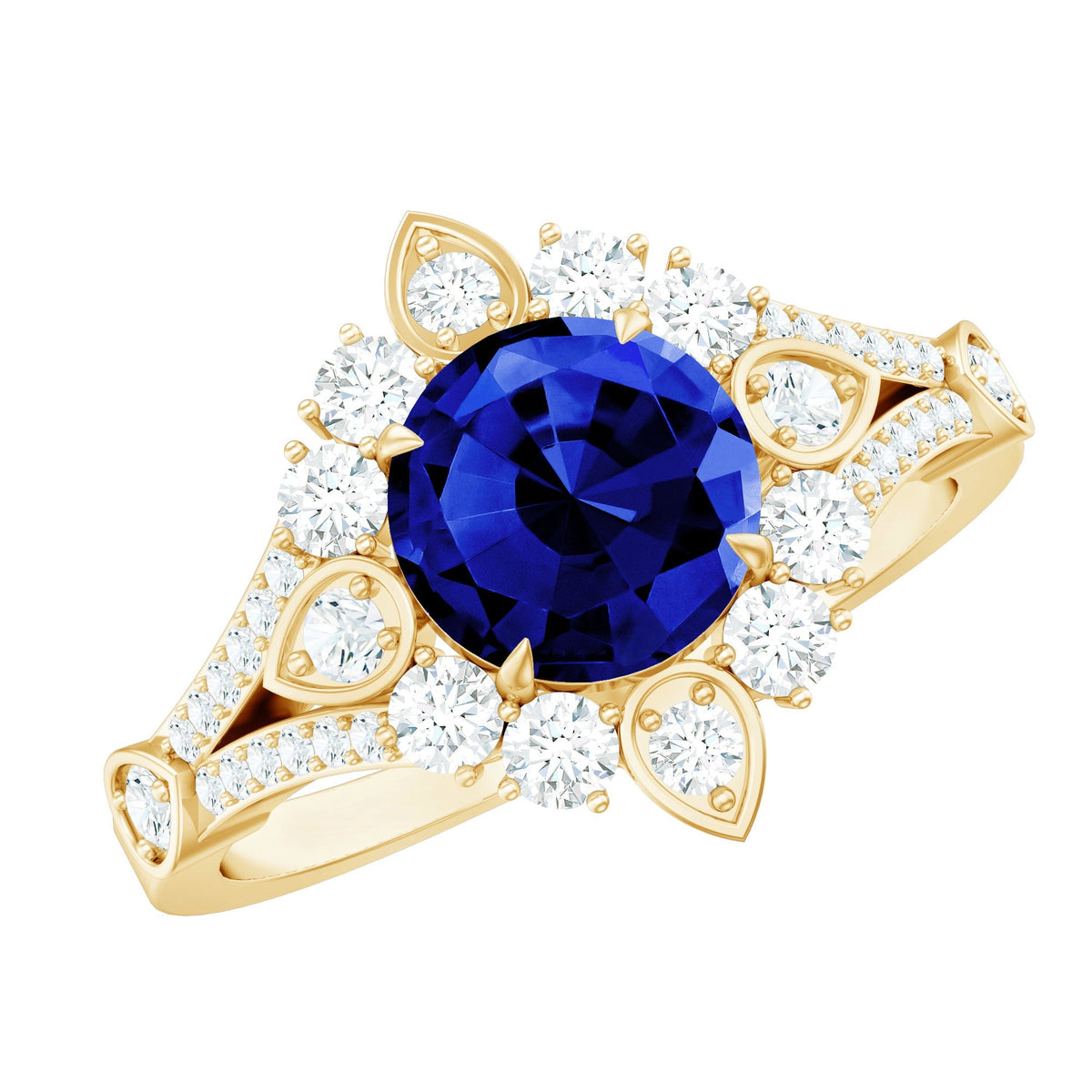 Lab Grown Blue Sapphire Ring, Diamond Flower Engagement Ring