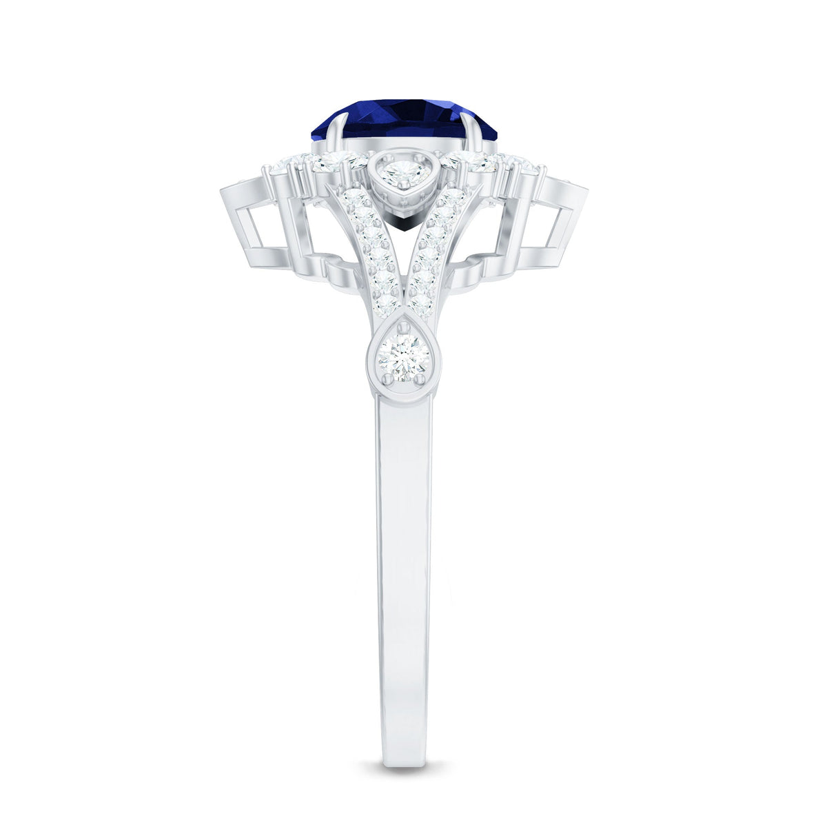 Lab Grown Blue Sapphire Ring, Diamond Flower Engagement Ring