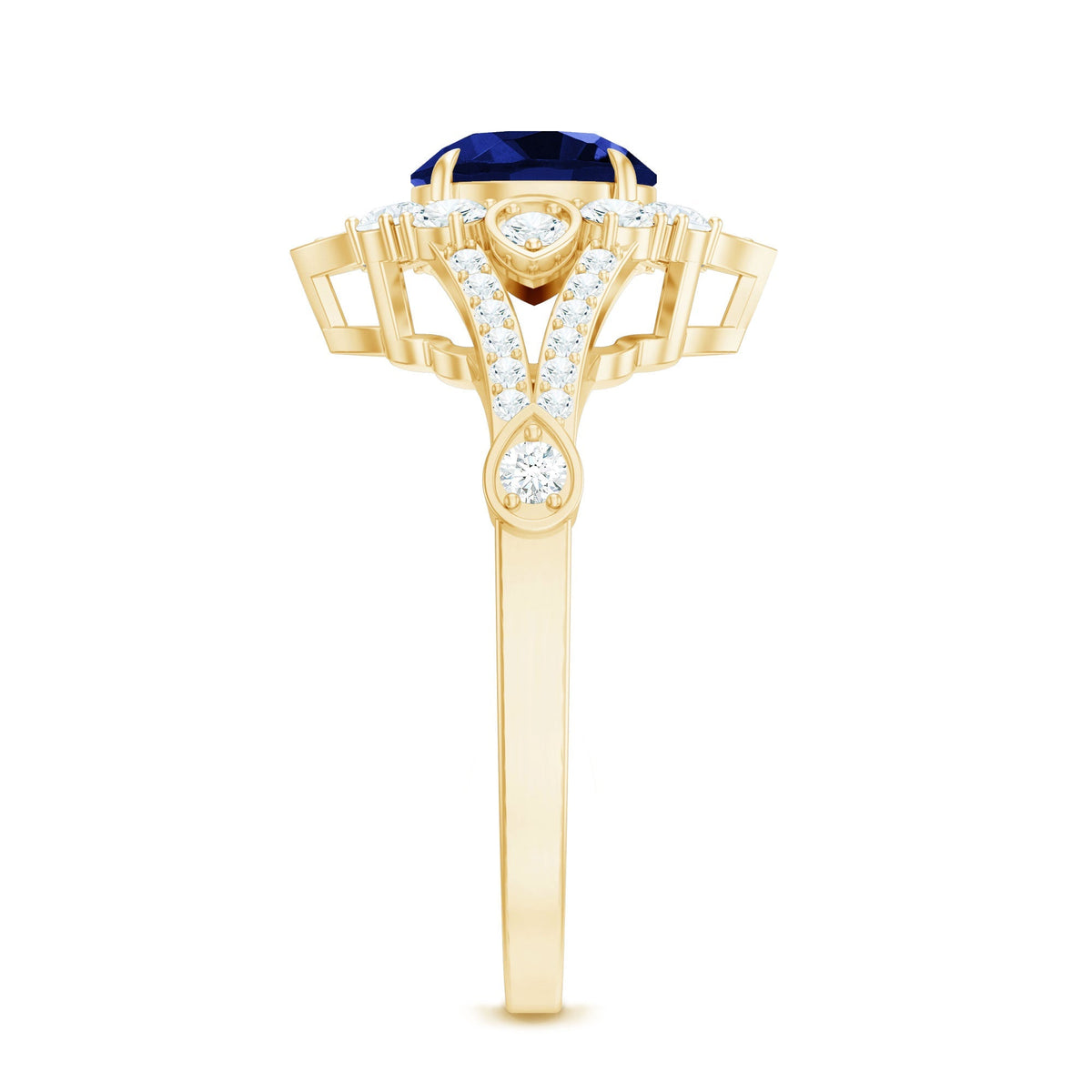 Lab Grown Blue Sapphire Ring, Diamond Flower Engagement Ring