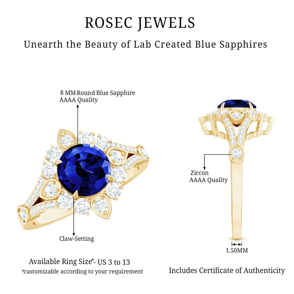 Lab Grown Blue Sapphire Ring, Diamond Flower Engagement Ring