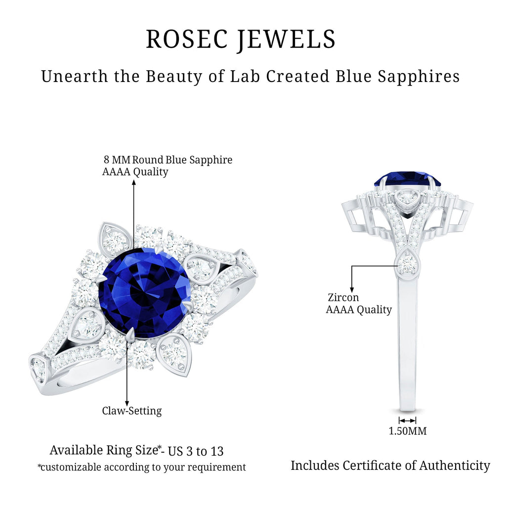 Lab Grown Blue Sapphire Ring, Diamond Flower Engagement Ring