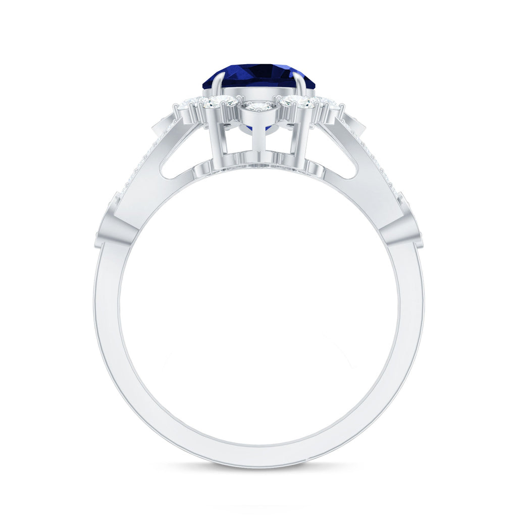 Lab Grown Blue Sapphire Ring, Diamond Flower Engagement Ring