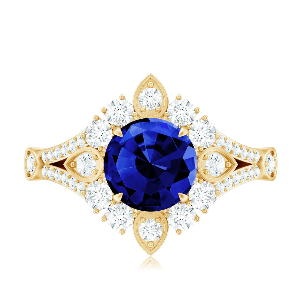 Lab Grown Blue Sapphire Ring, Diamond Flower Engagement Ring