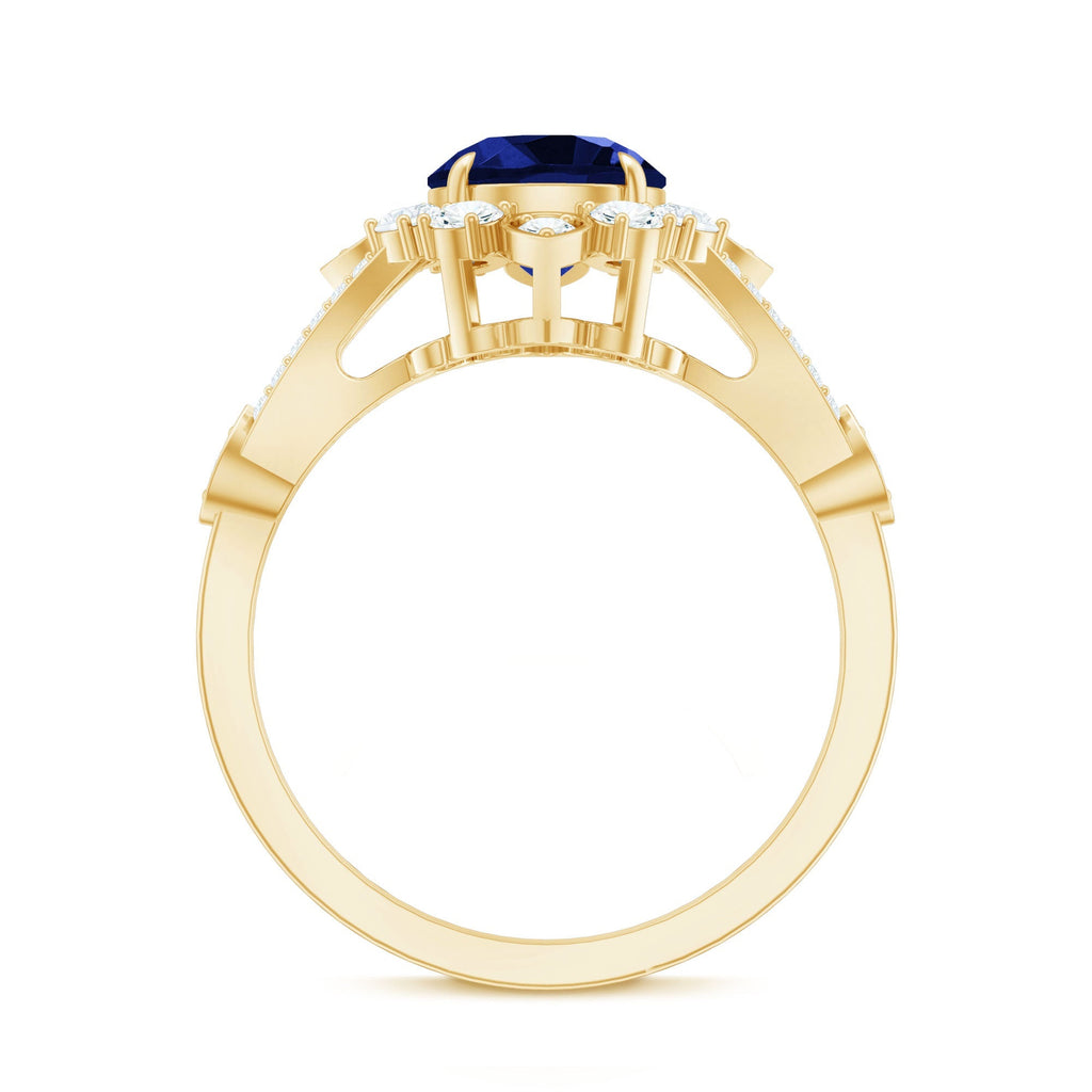 Lab Grown Blue Sapphire Ring, Diamond Flower Engagement Ring
