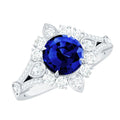 Lab Grown Blue Sapphire Ring, Diamond Flower Engagement Ring