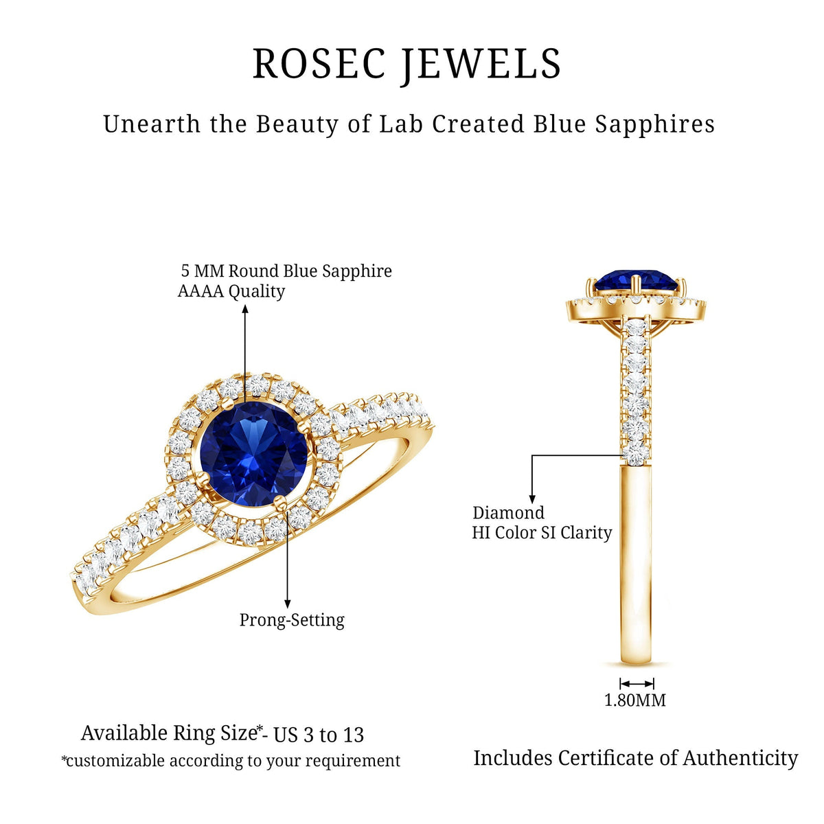 Lab Grown Blue Sapphire Ring, Diamond Halo Engagement Ring