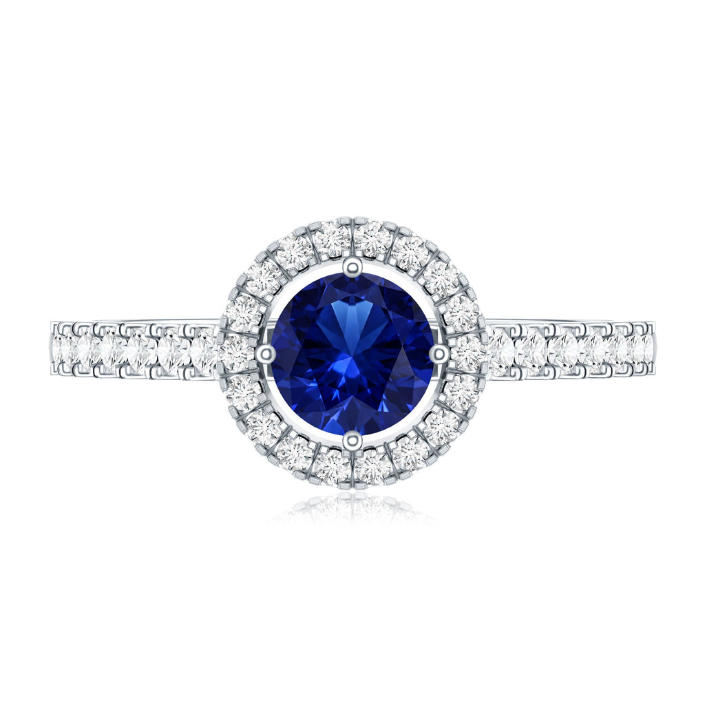 Lab Grown Blue Sapphire Ring, Diamond Halo Engagement Ring