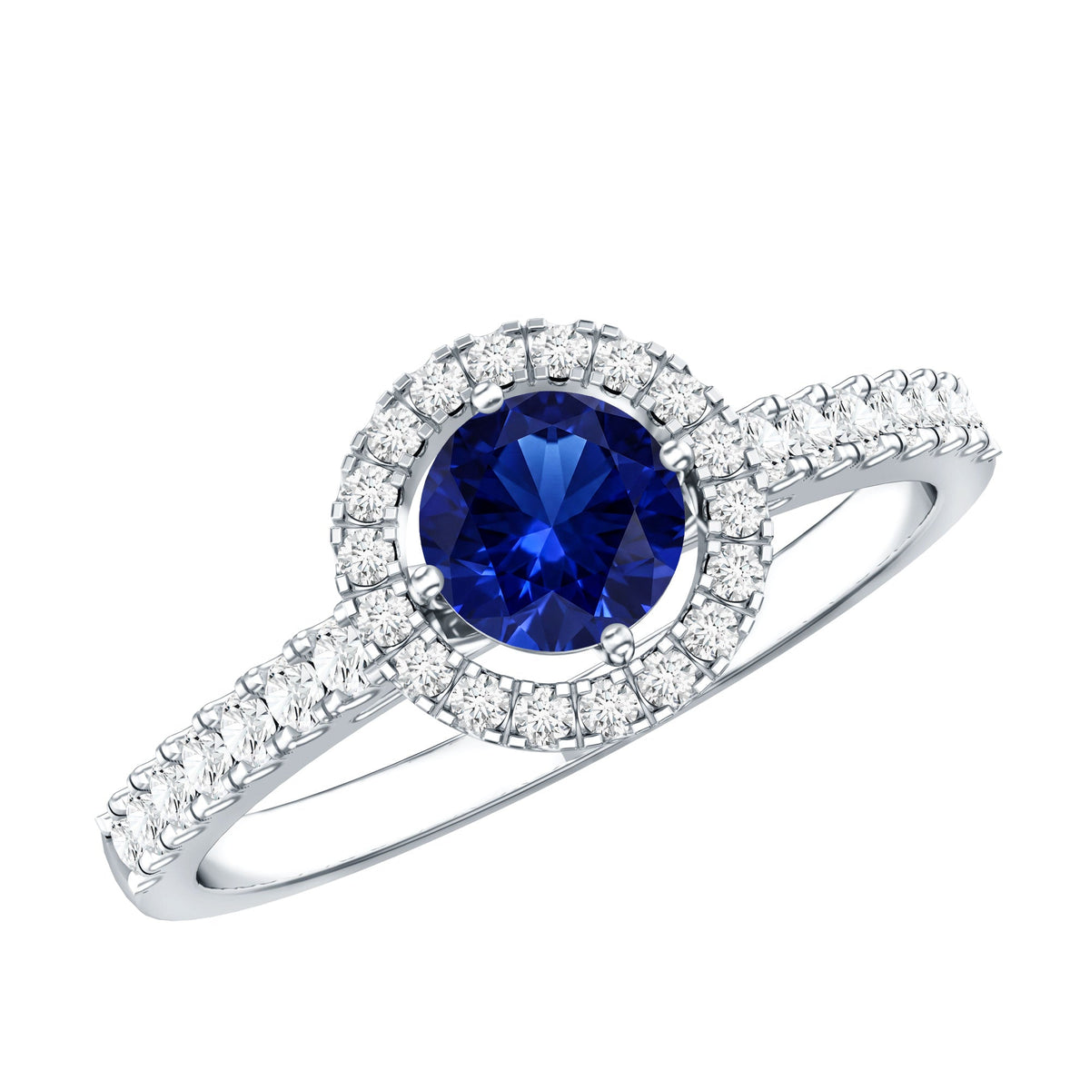 Lab Grown Blue Sapphire Ring, Diamond Halo Engagement Ring