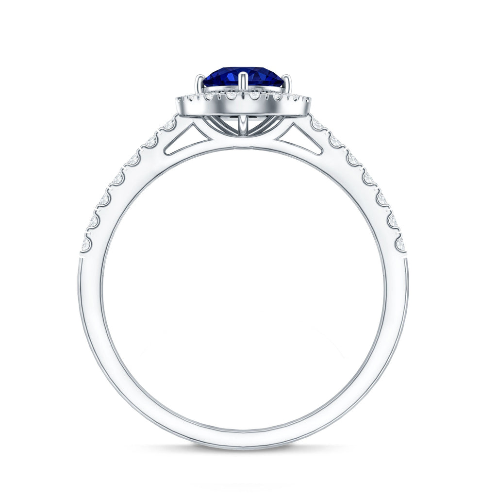 Lab Grown Blue Sapphire Ring, Diamond Halo Engagement Ring