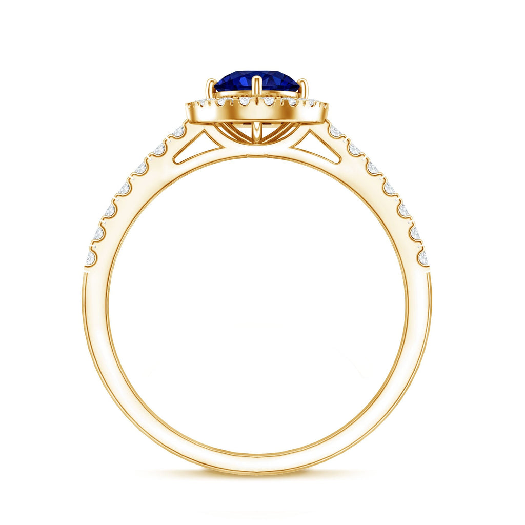 Lab Grown Blue Sapphire Ring, Diamond Halo Engagement Ring