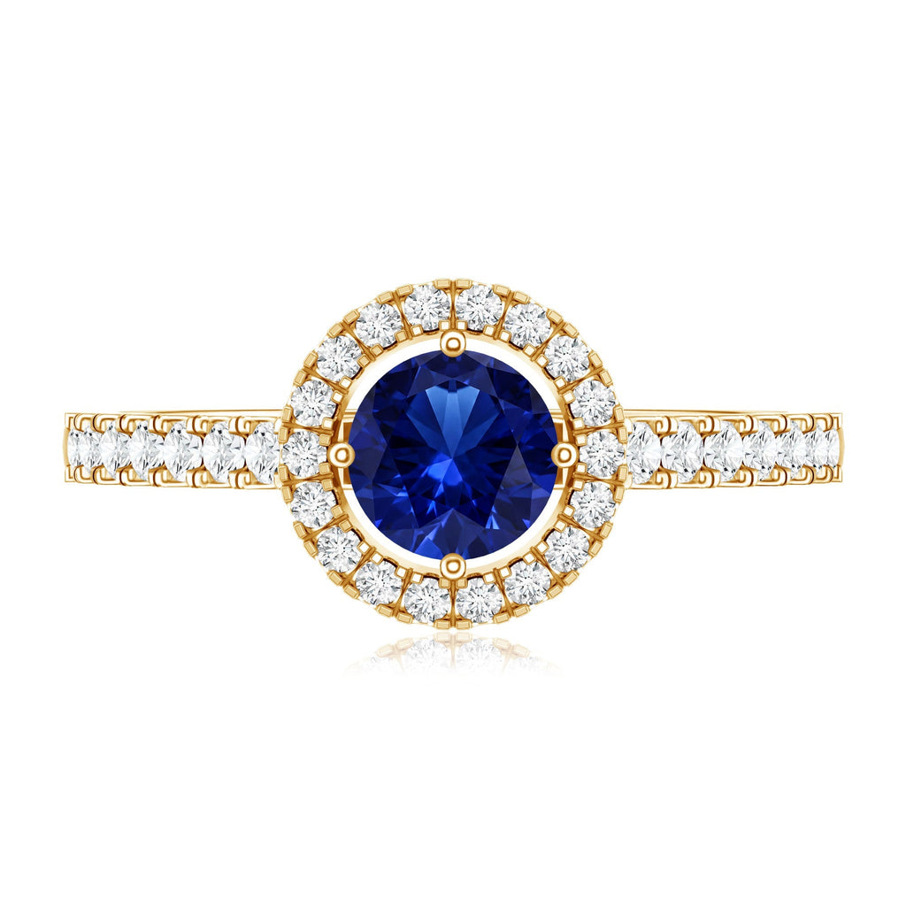 Lab Grown Blue Sapphire Ring, Diamond Halo Engagement Ring