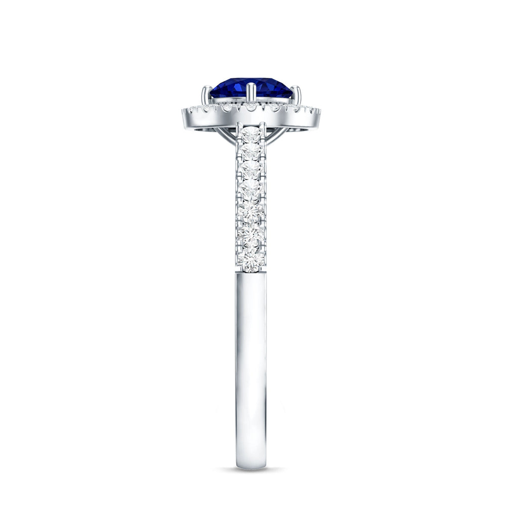 Lab Grown Blue Sapphire Ring, Diamond Halo Engagement Ring