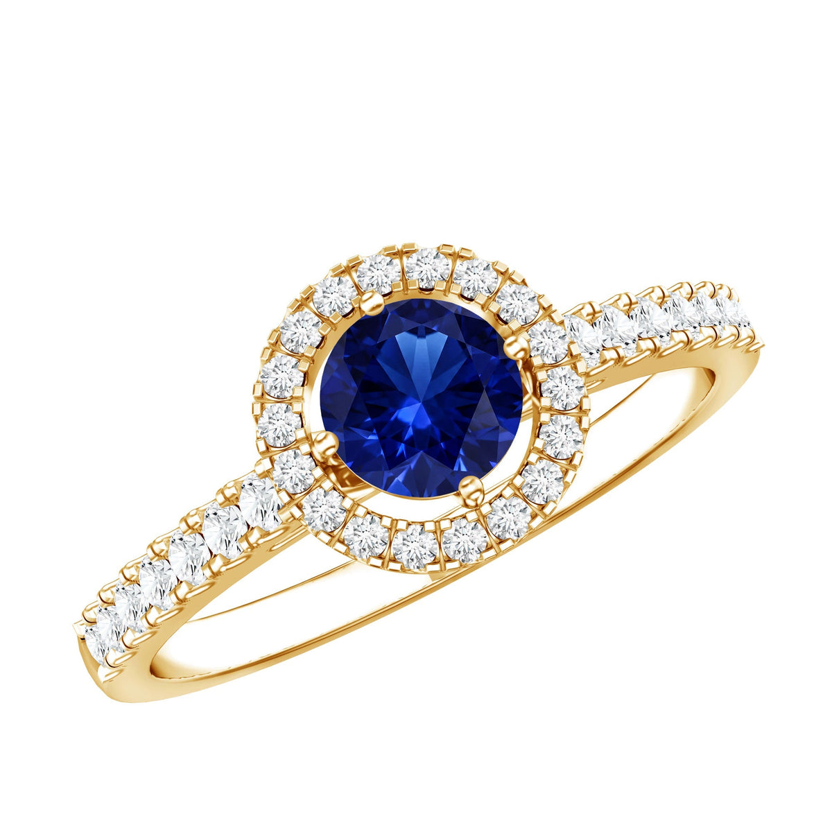 Lab Grown Blue Sapphire Ring, Diamond Halo Engagement Ring