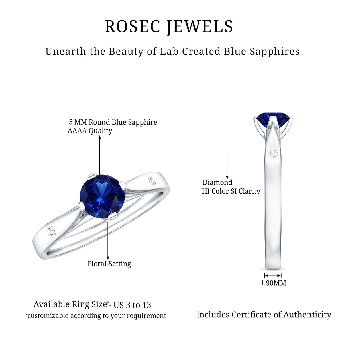 Lab Grown Blue Sapphire Ring, Diamond Promise Ring For Her