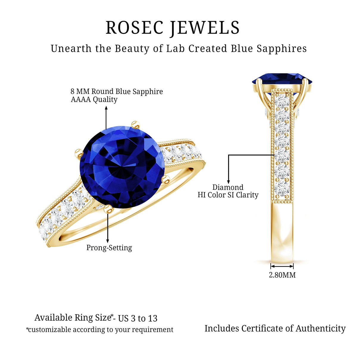 Lab Grown Blue Sapphire Ring Diamond Solitaire Engagement Ring