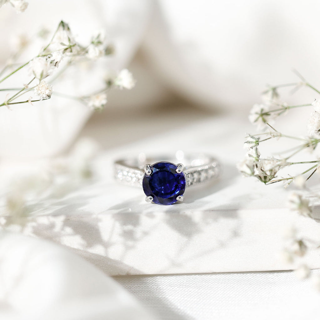 Lab Grown Blue Sapphire Ring Diamond Solitaire Engagement Ring