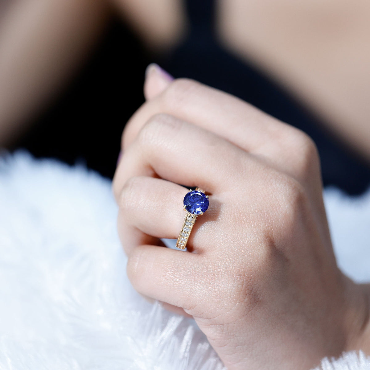 Lab Grown Blue Sapphire Ring Diamond Solitaire Engagement Ring