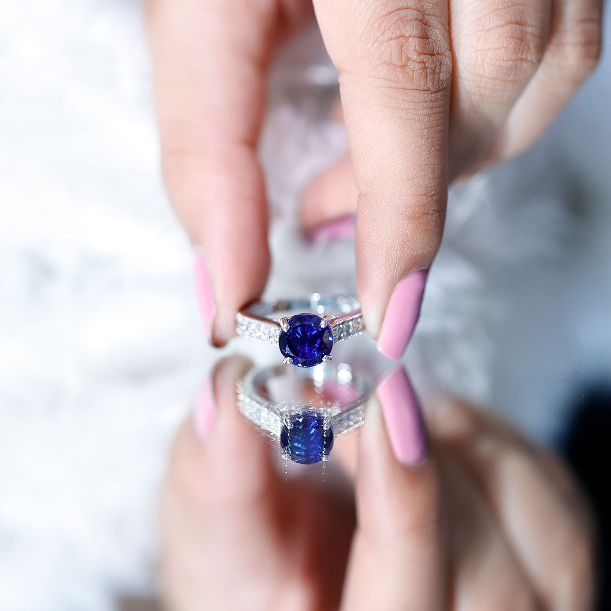 Lab Grown Blue Sapphire Ring Diamond Solitaire Engagement Ring