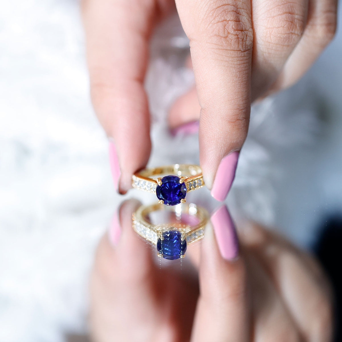 Lab Grown Blue Sapphire Ring Diamond Solitaire Engagement Ring