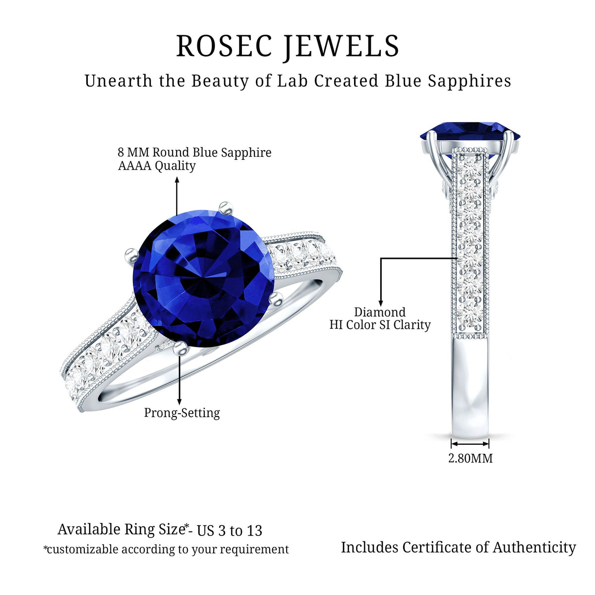 Lab Grown Blue Sapphire Ring Diamond Solitaire Engagement Ring