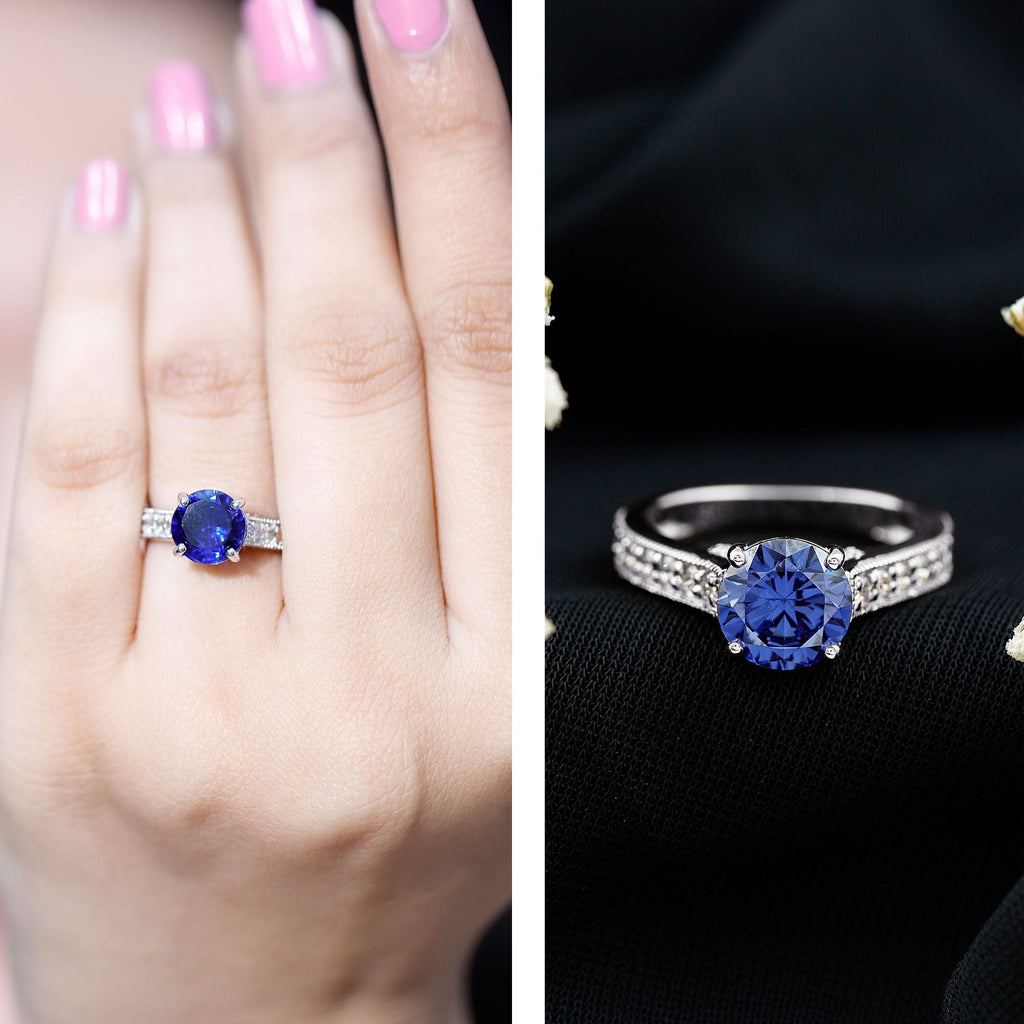 Lab Grown Blue Sapphire Ring Diamond Solitaire Engagement Ring