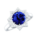 Lab Grown Blue Sapphire Ring, Diamond Star Halo Engagement Ring