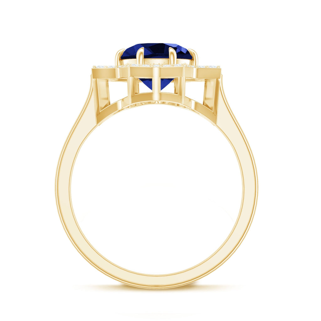 Lab Grown Blue Sapphire Ring, Diamond Star Halo Engagement Ring