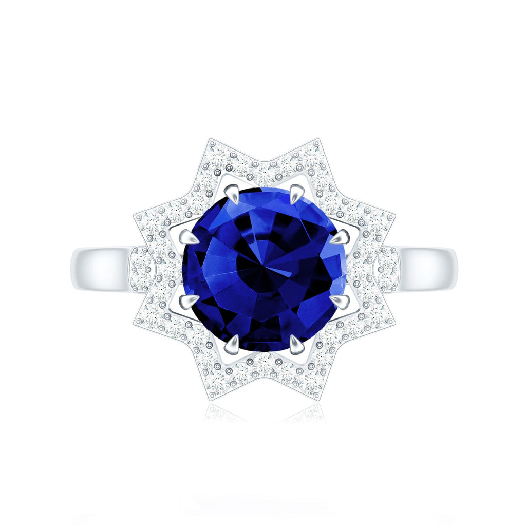 Lab Grown Blue Sapphire Ring, Diamond Star Halo Engagement Ring