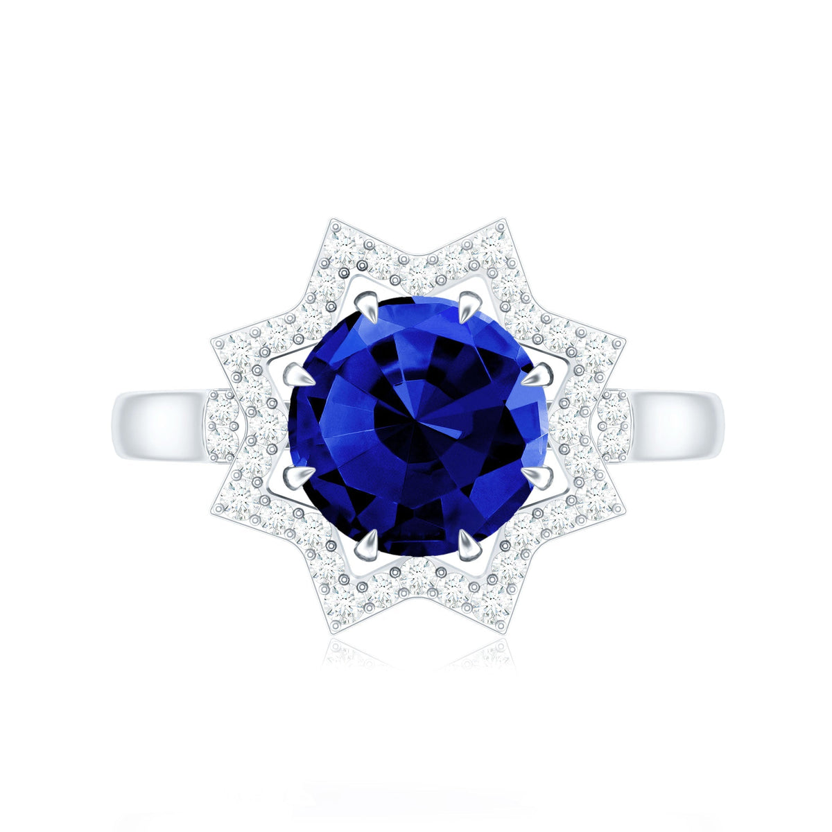 Lab Grown Blue Sapphire Ring, Diamond Star Halo Engagement Ring