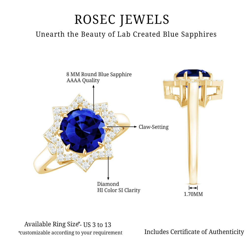 Lab Grown Blue Sapphire Ring, Diamond Star Halo Engagement Ring