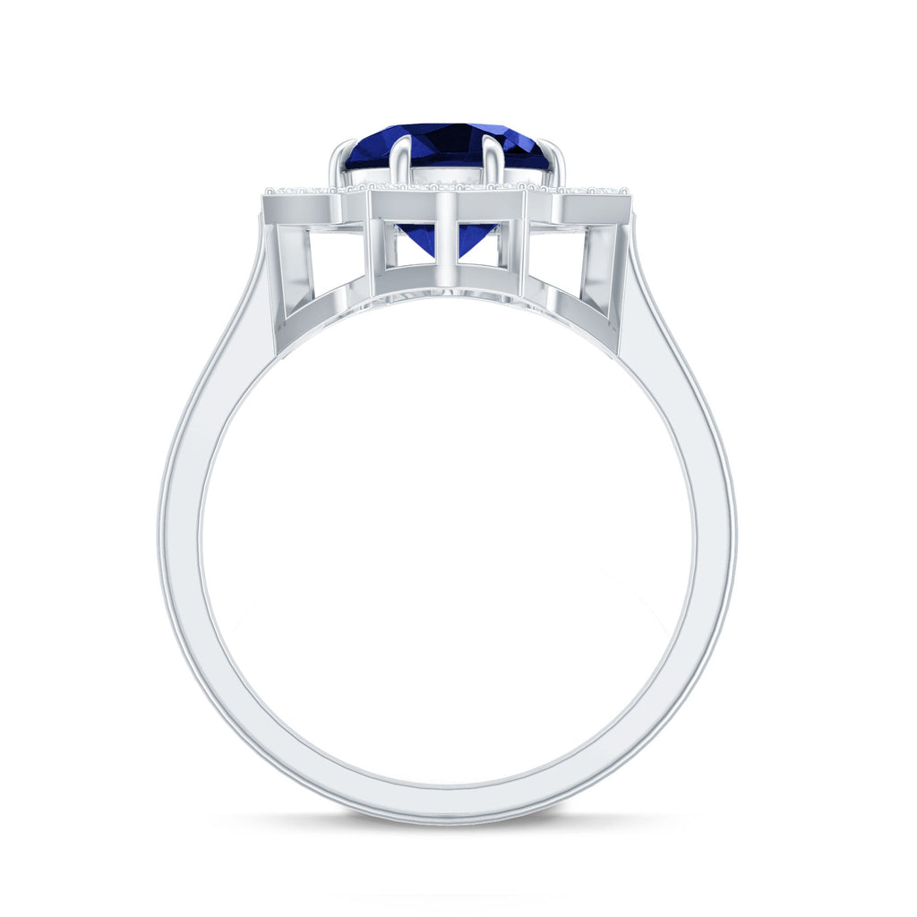 Lab Grown Blue Sapphire Ring, Diamond Star Halo Engagement Ring