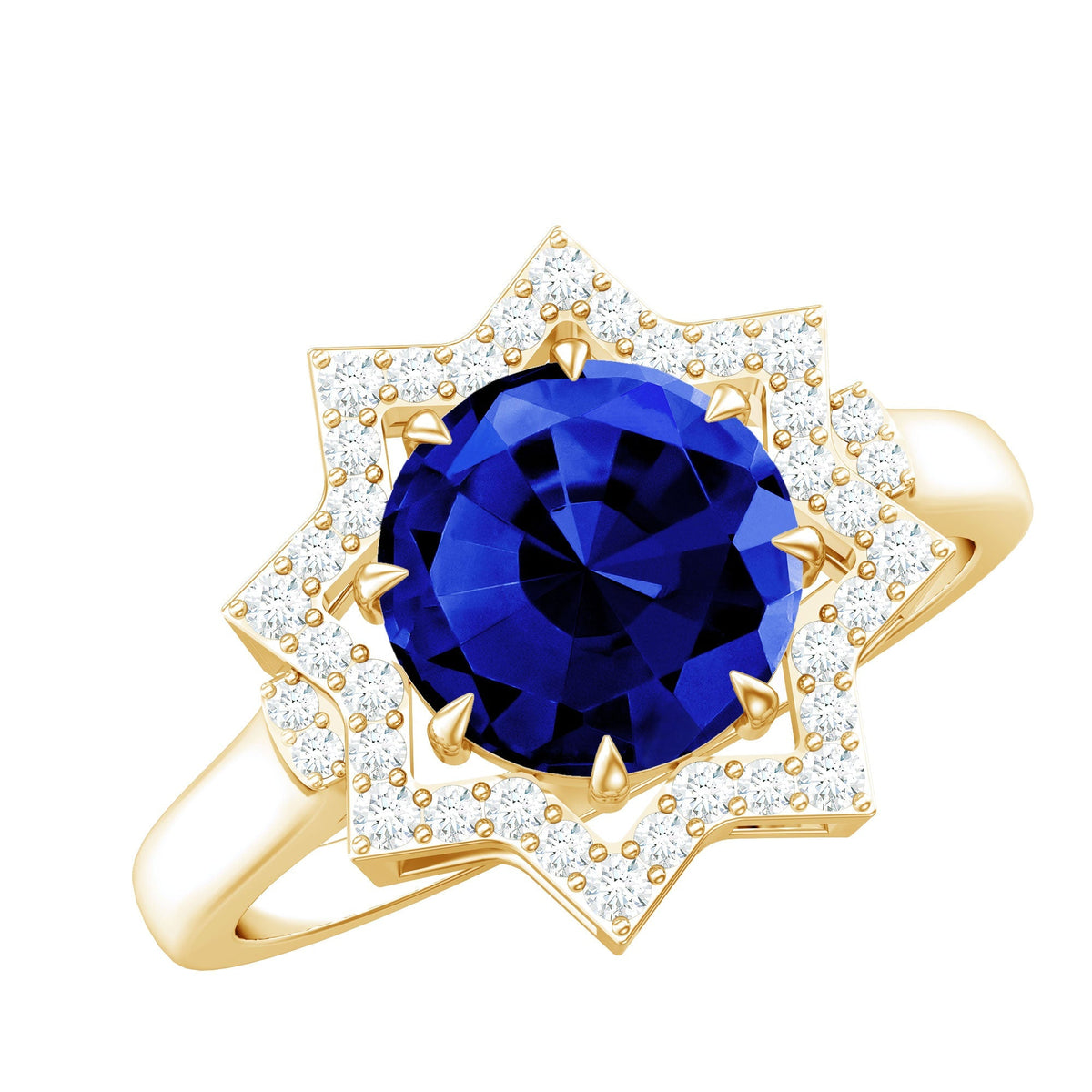 Lab Grown Blue Sapphire Ring, Diamond Star Halo Engagement Ring