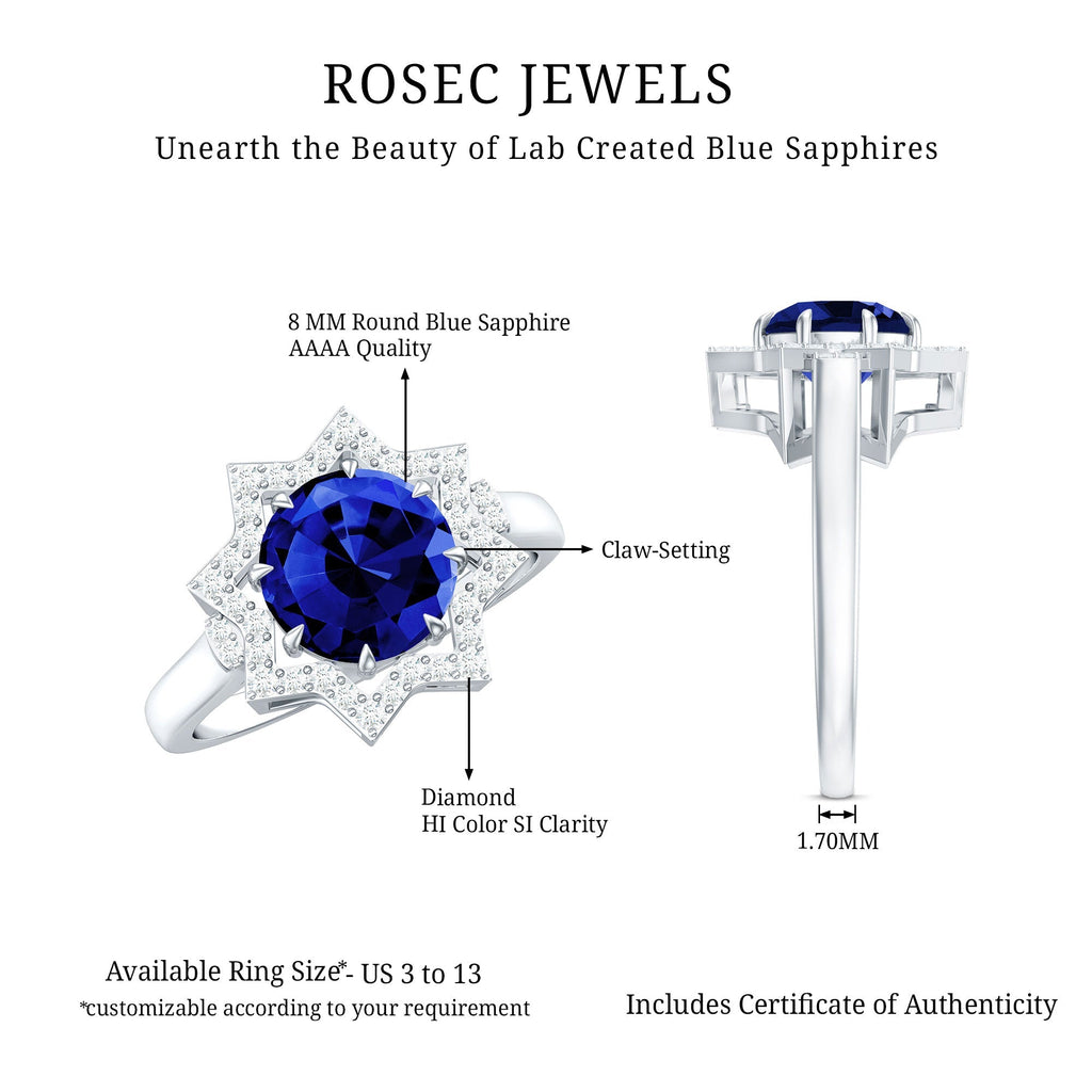 Lab Grown Blue Sapphire Ring, Diamond Star Halo Engagement Ring