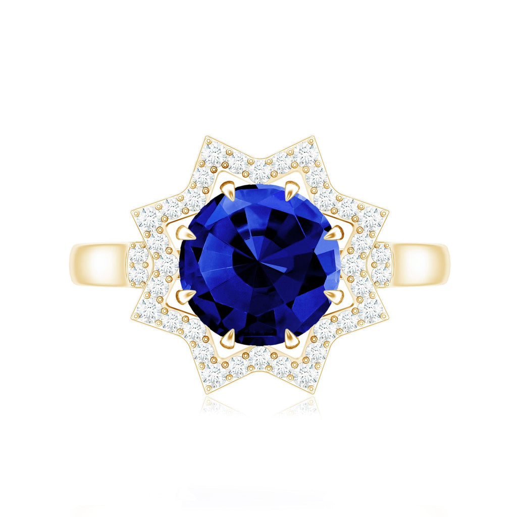 Lab Grown Blue Sapphire Ring, Diamond Star Halo Engagement Ring