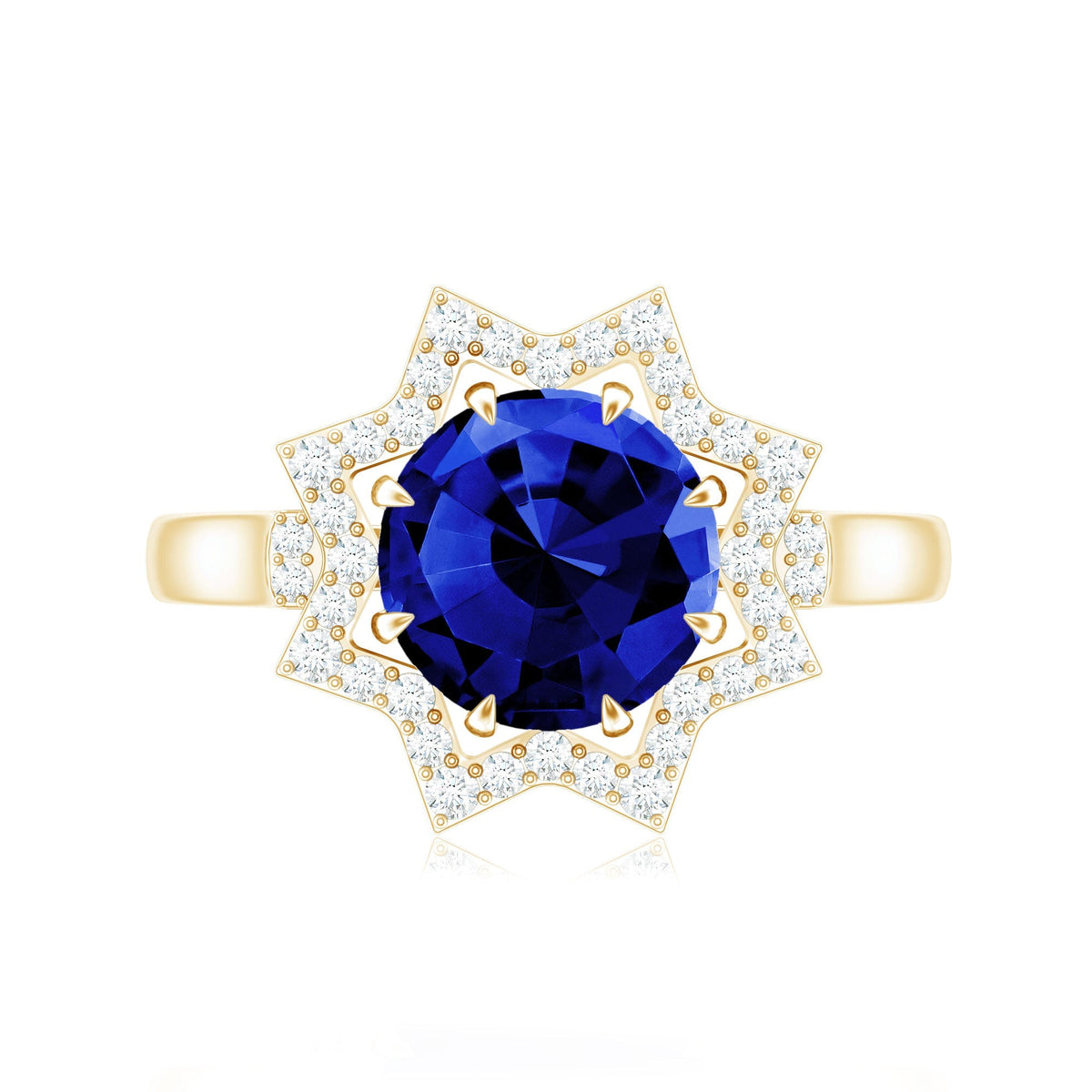 Lab Grown Blue Sapphire Ring, Diamond Star Halo Engagement Ring