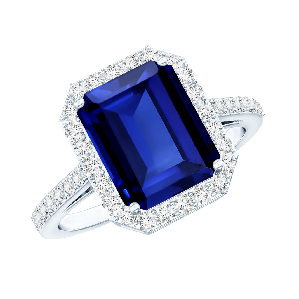 Lab Grown Blue Sapphire Ring, Emerald Cut Diamond Halo
