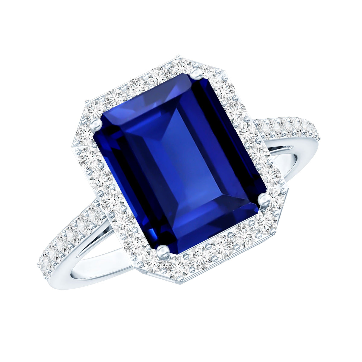 Lab Grown Blue Sapphire Ring, Emerald Cut Diamond Halo