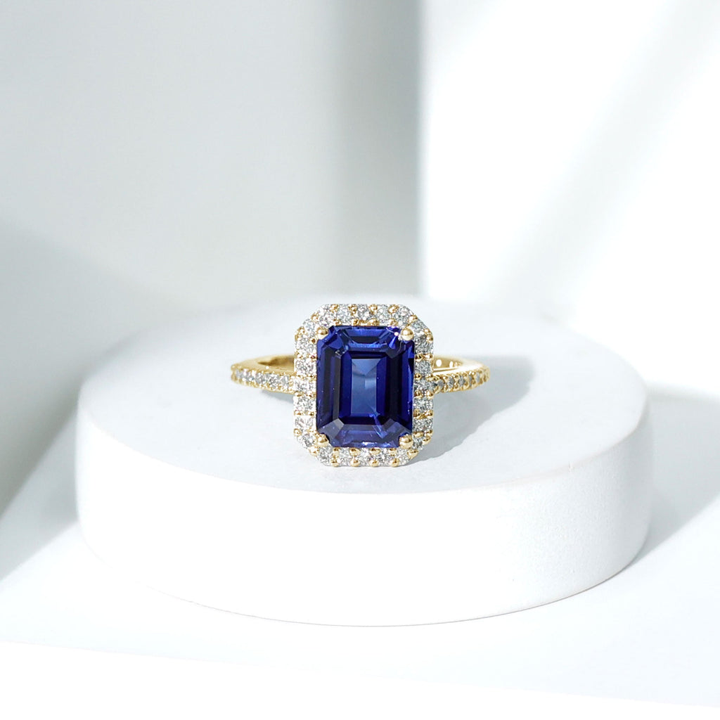 Lab Grown Blue Sapphire Ring, Emerald Cut Diamond Halo