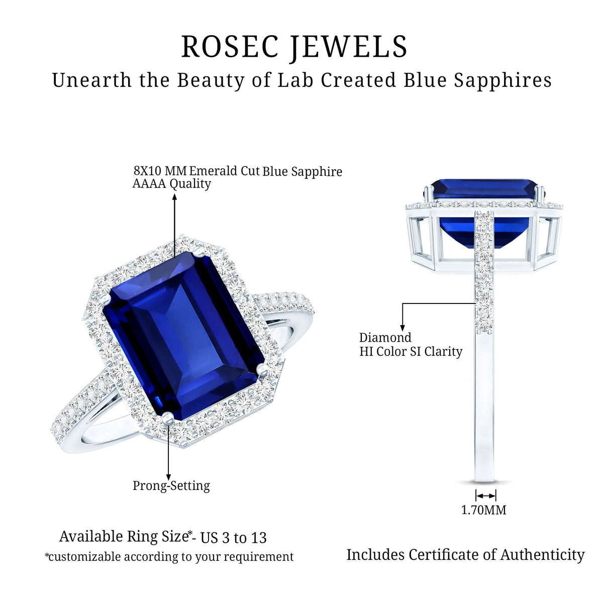Lab Grown Blue Sapphire Ring, Emerald Cut Diamond Halo