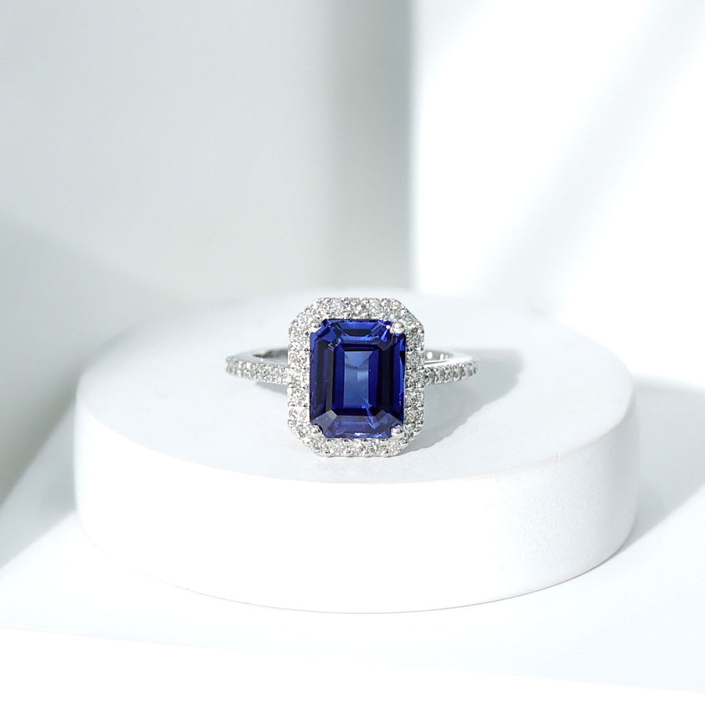 Lab Grown Blue Sapphire Ring, Emerald Cut Diamond Halo