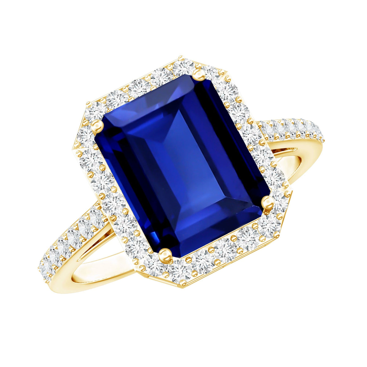 Lab Grown Blue Sapphire Ring, Emerald Cut Diamond Halo