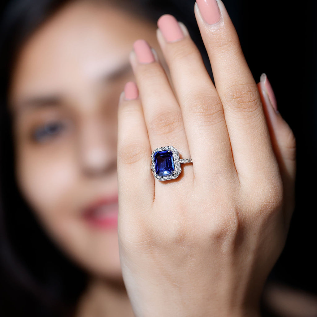Lab Grown Blue Sapphire Ring, Emerald Cut Diamond Halo