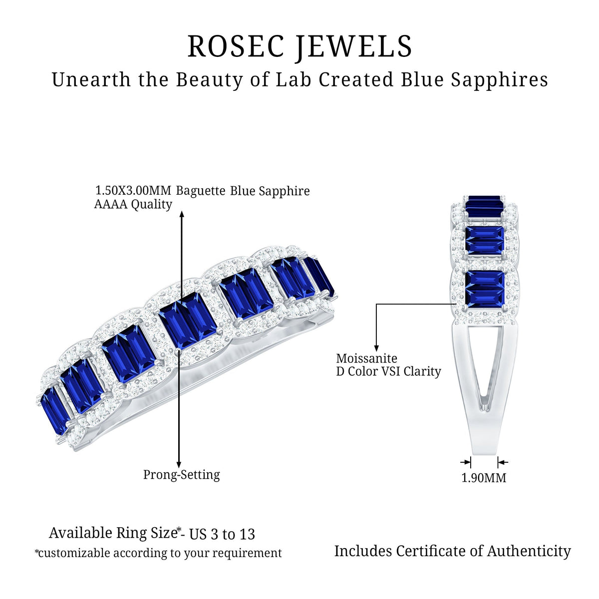 Lab Grown Blue Sapphire Ring Eternity Wedding Band With Diamonds