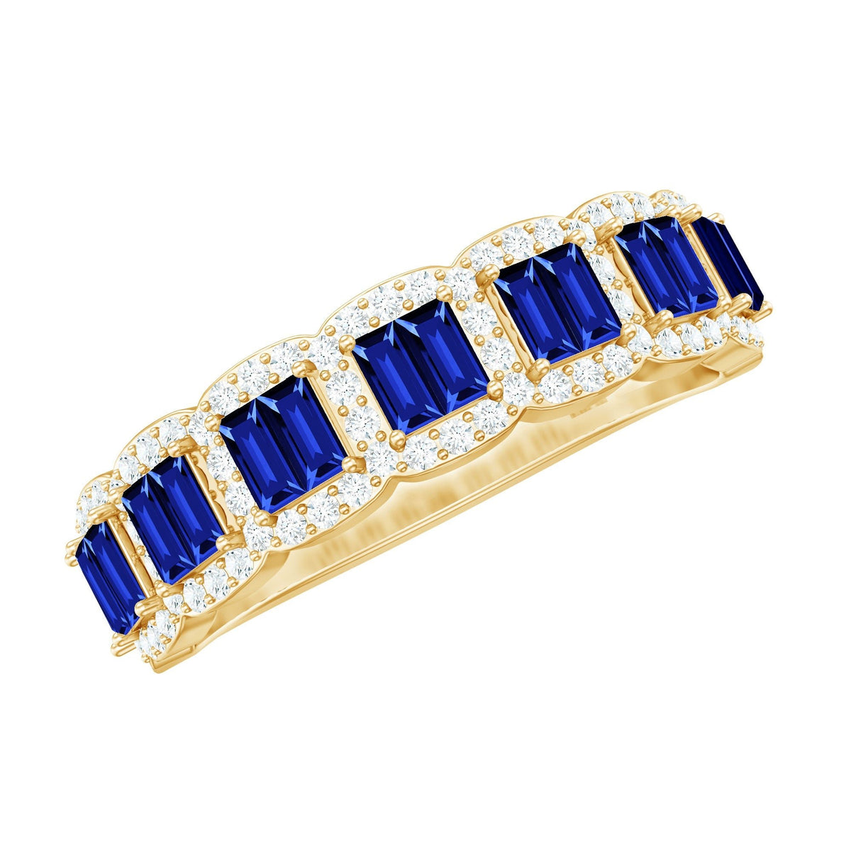 Lab Grown Blue Sapphire Ring Eternity Wedding Band With Diamonds