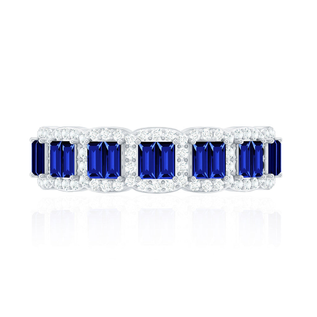 Lab Grown Blue Sapphire Ring Eternity Wedding Band With Diamonds