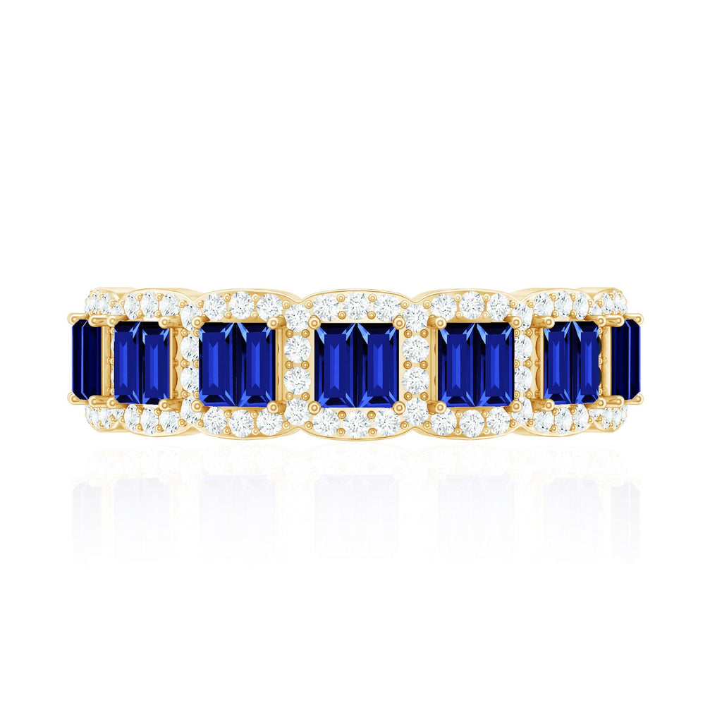 Lab Grown Blue Sapphire Ring Eternity Wedding Band With Diamonds