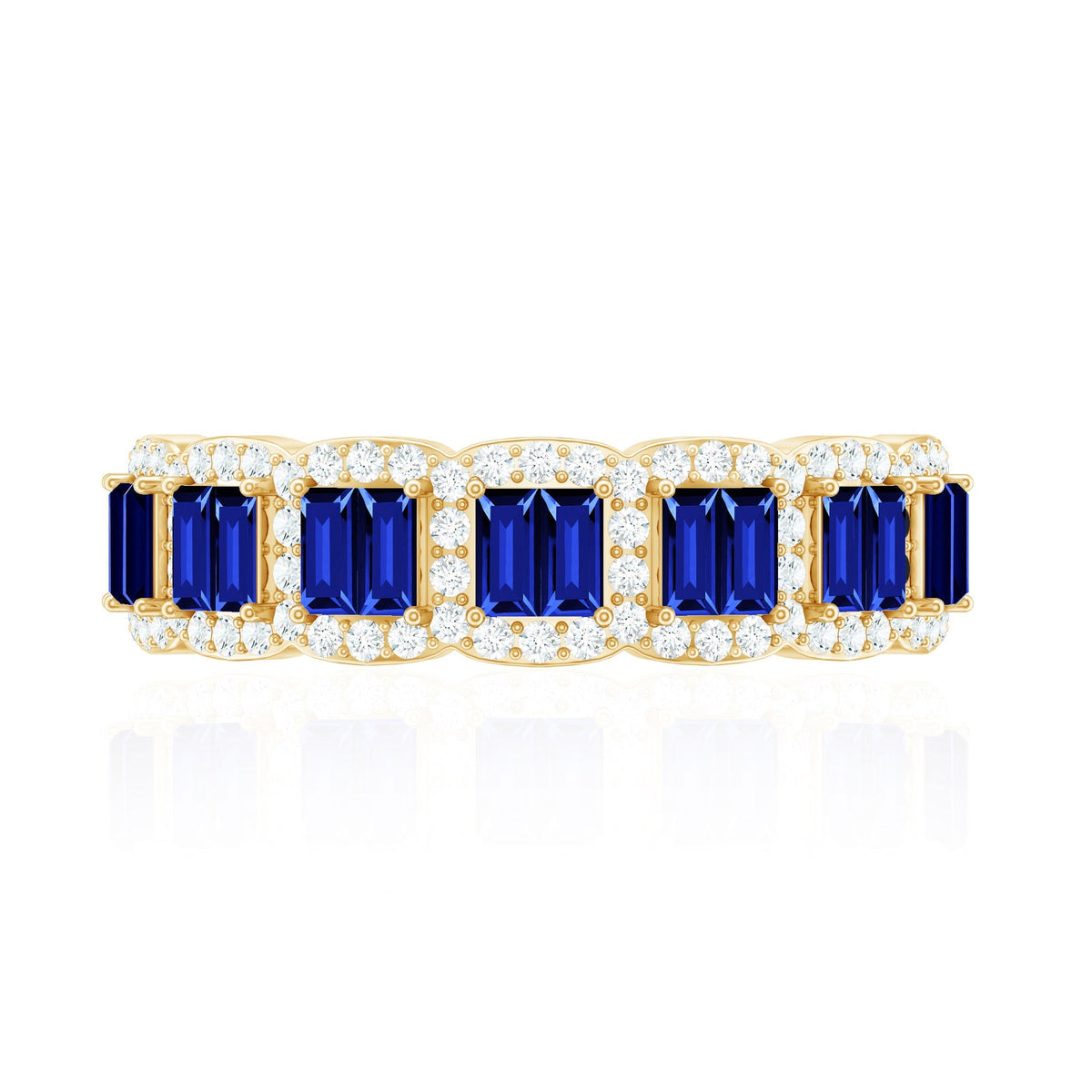 Lab Grown Blue Sapphire Ring Eternity Wedding Band With Diamonds