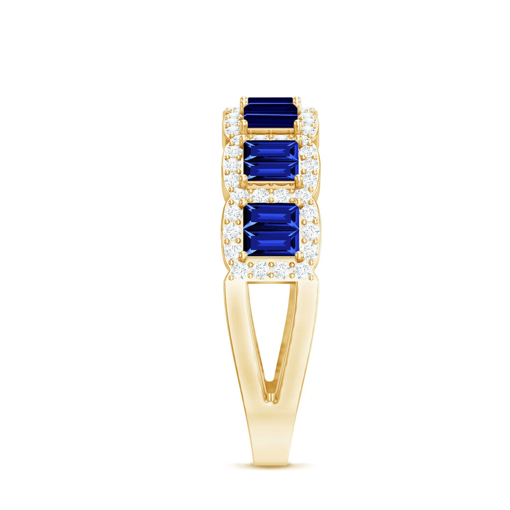 Lab Grown Blue Sapphire Ring Eternity Wedding Band With Diamonds