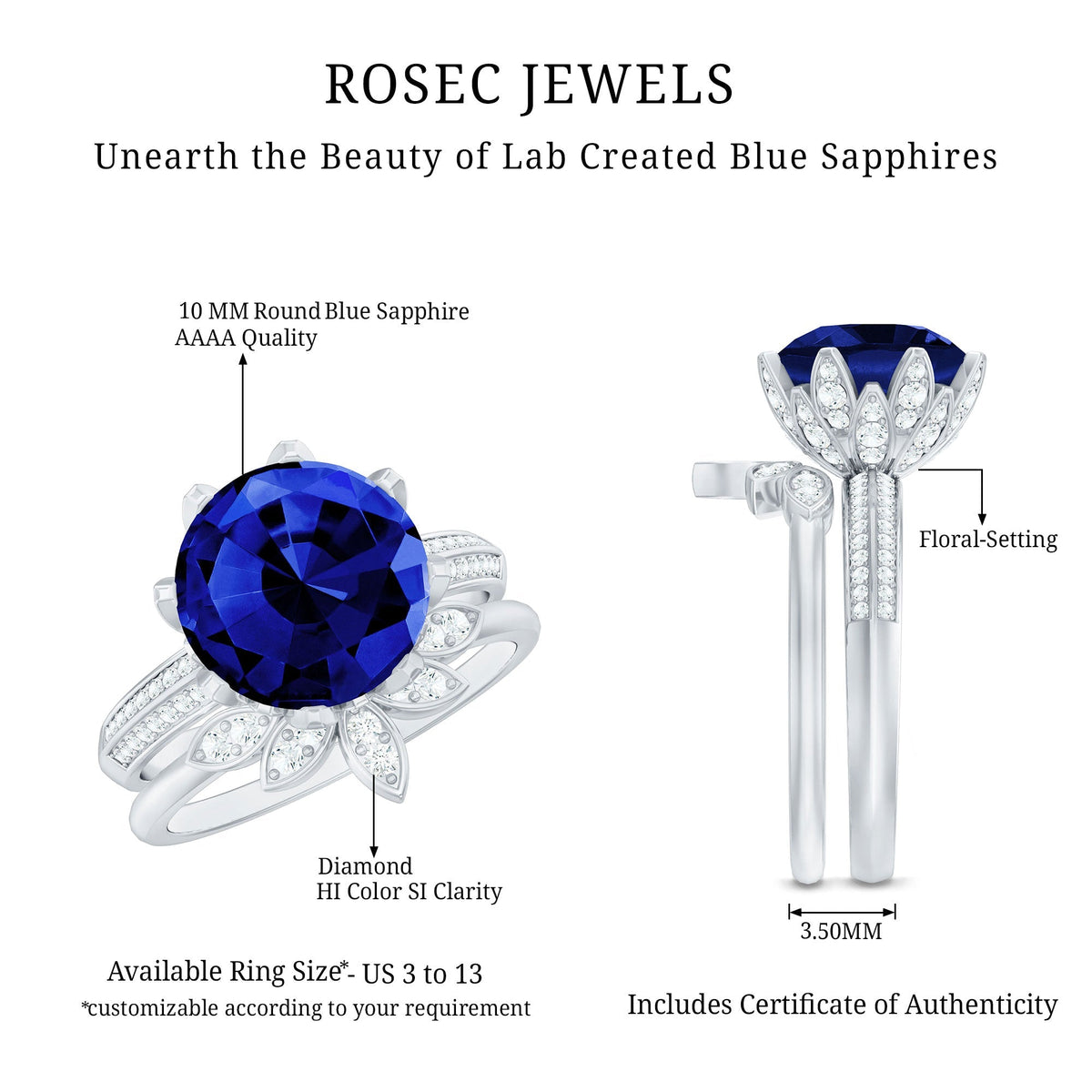 Lab Grown Blue Sapphire Ring Floral Diamond Bridal Ring Set