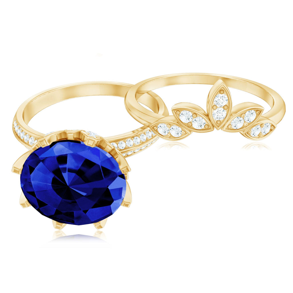 Lab Grown Blue Sapphire Ring Floral Diamond Bridal Ring Set